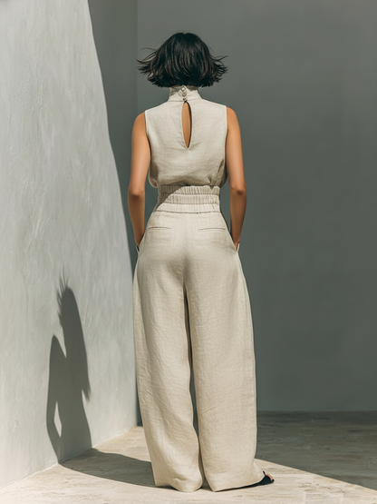 Maria™ | Conjunto completo con top sin mangas y pantalones anchos de algodón y lino